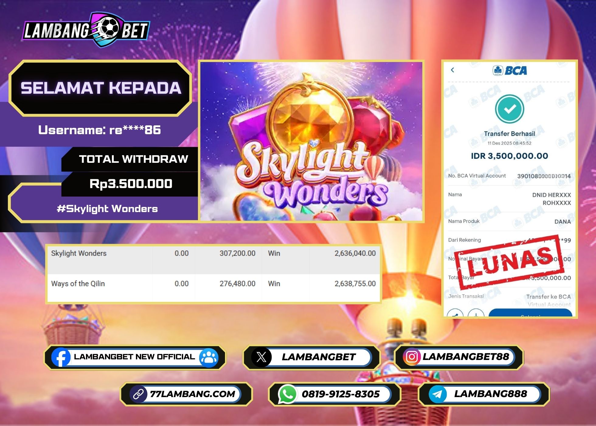 LAMBANGBET [11 DESEMBER 2025] JACKPOT SLOT Skylight Wonders "Rp3.500.000" LUNAS